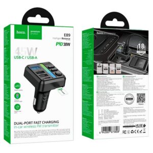 Alternative view of جهاز إرسال FM للسيارة HOCO E89 مع Bluetooth وشحن سريع PD وQC – أسود