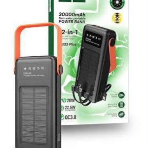 باور بانك HOCO DB33 سعة 30000mAh مع دعم الشحن بالطاقة الشمسية – أسود