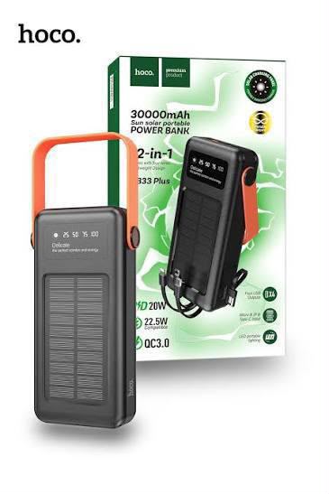 باور بانك HOCO DB33 سعة 30000mAh مع دعم الشحن بالطاقة الشمسية – أسود