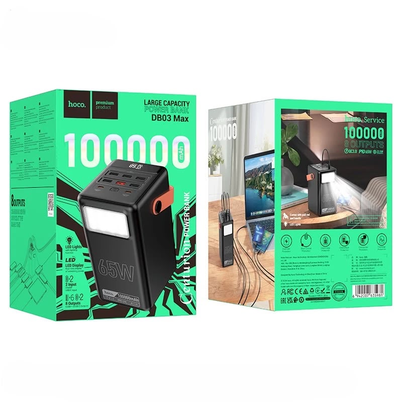 باور بانك HOCO DB03 سعة 100000mAh بقوة 65W مع إضاءة LED